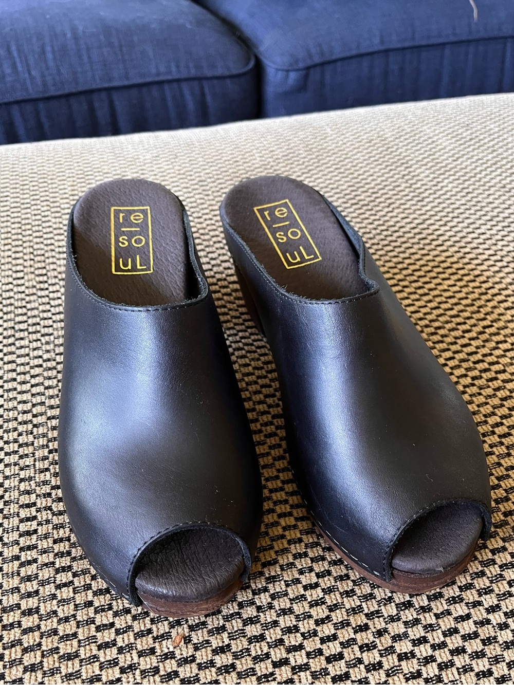 Resoul Black Leather Mules with Wooden Heels - Size 38